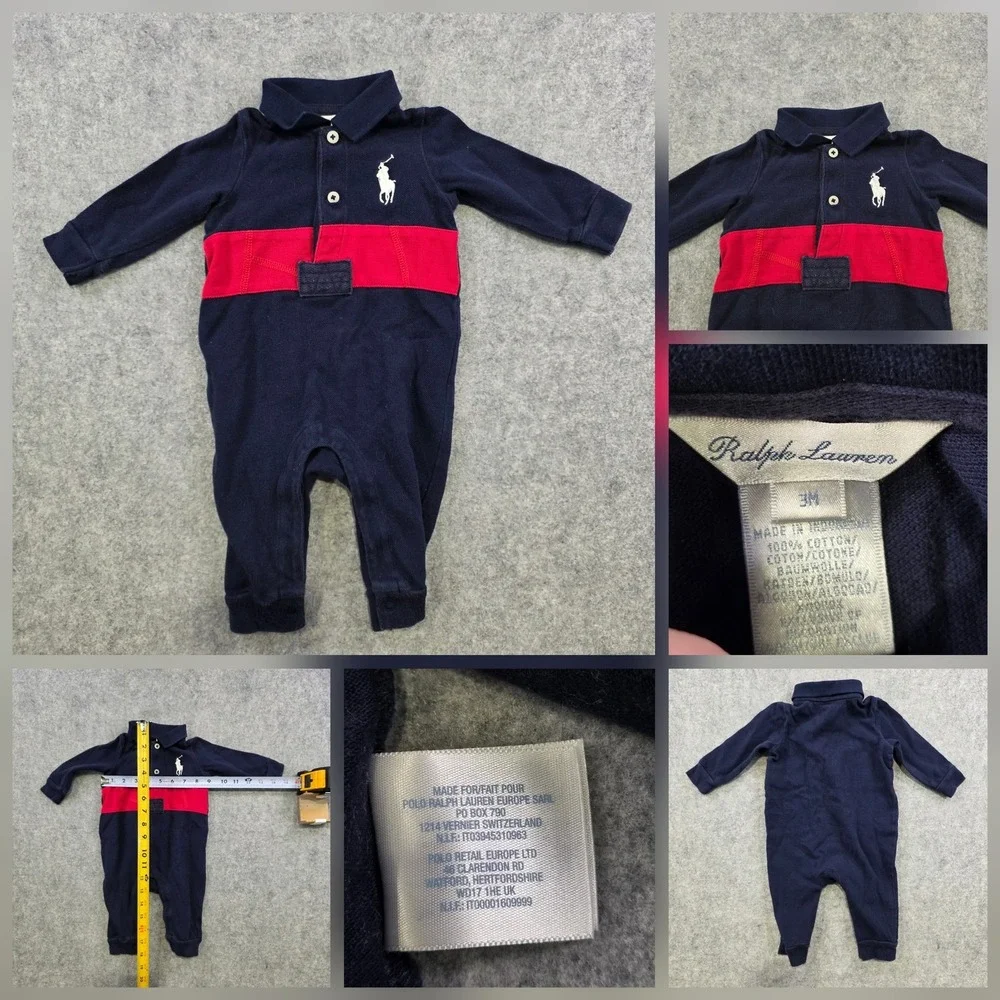 Ralph Lauren Coverall Baby Boys 0-3M Blue Red Polo One Piece Snap Romper
